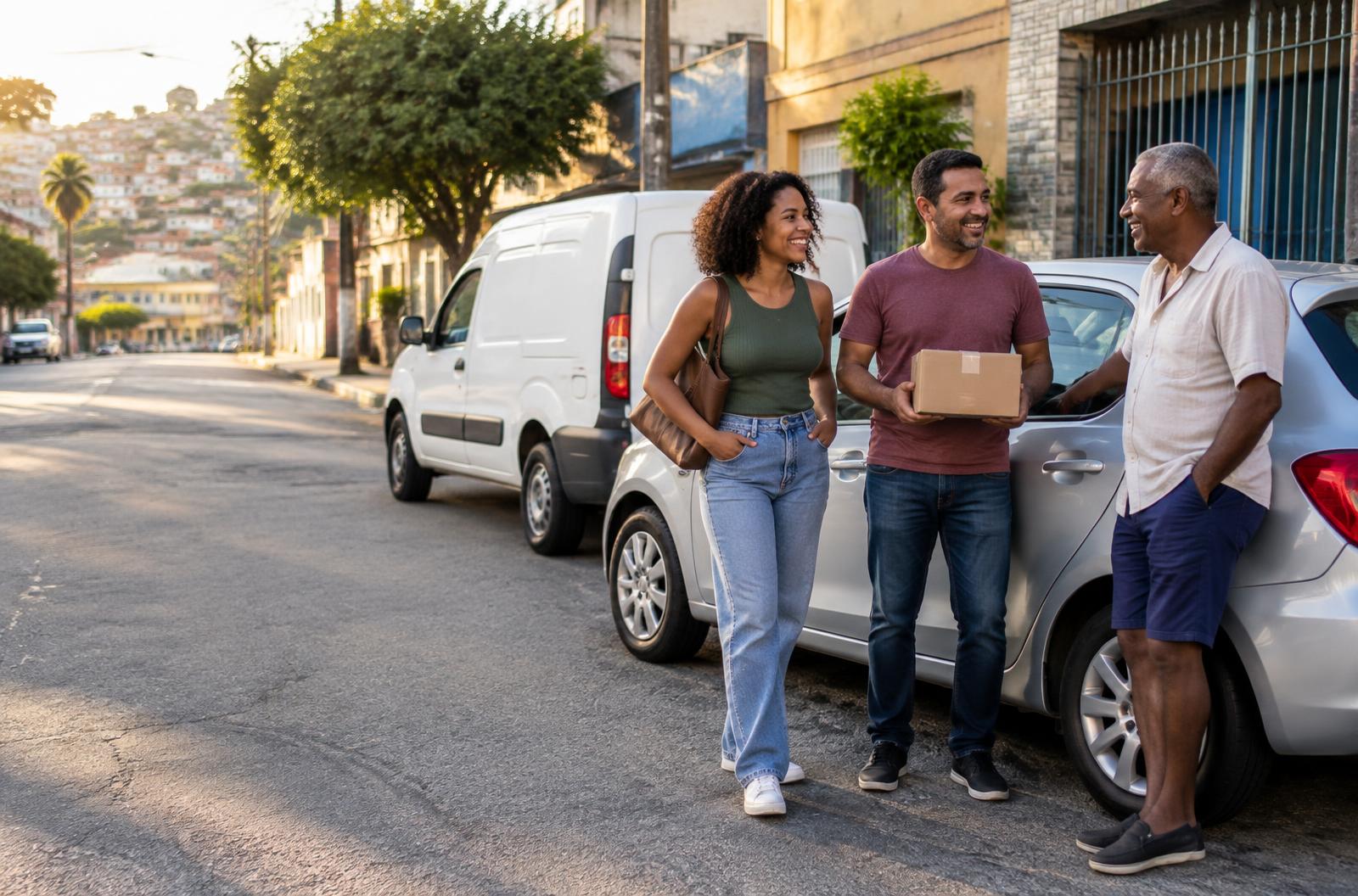 Pessoas ao lado de carro e utilitário em uma rua brasileira